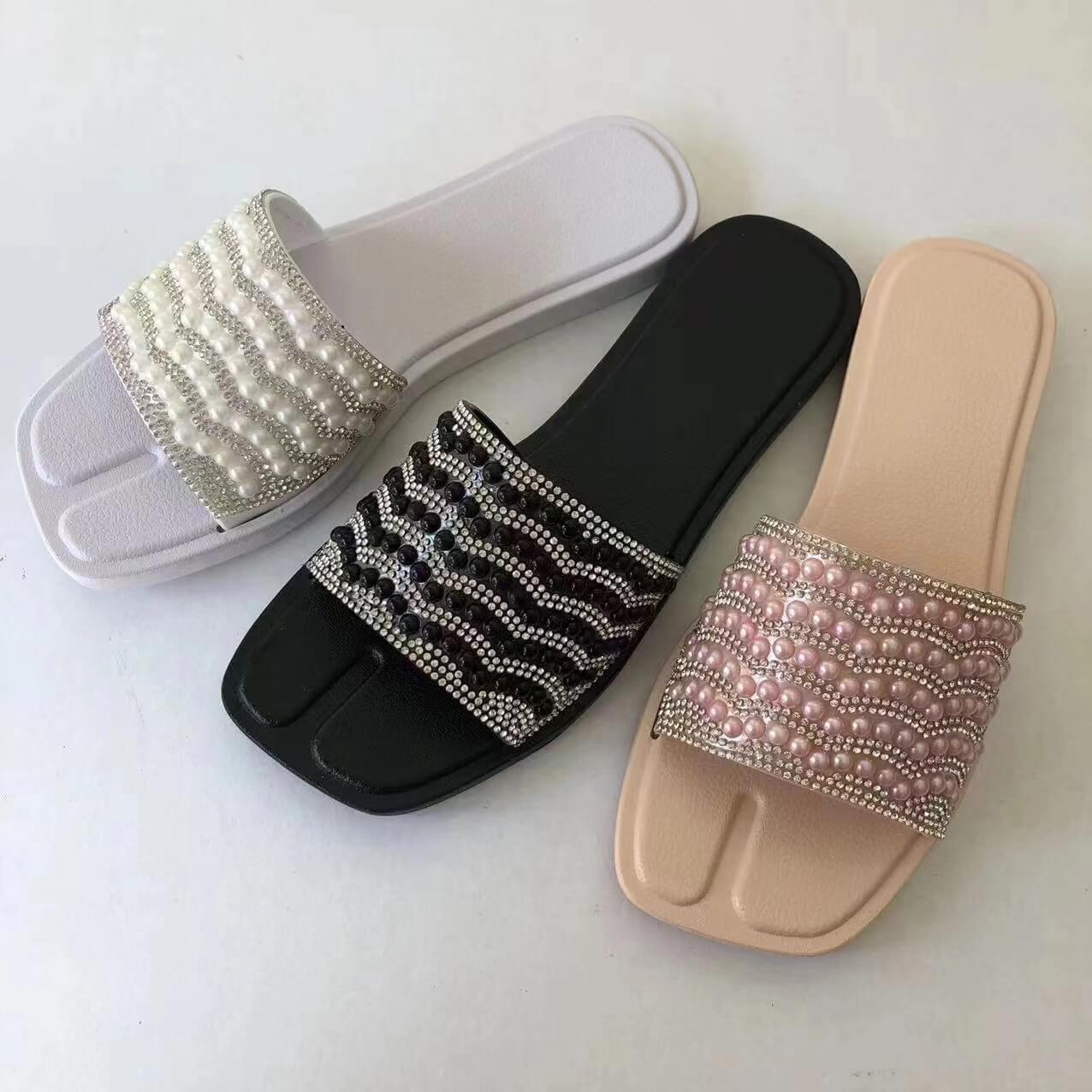 Women Slipper Sandal PVC Summer Slides Beach Water Anti Slip Slippers with Pearls Diamonds Reversible sequins beaded 