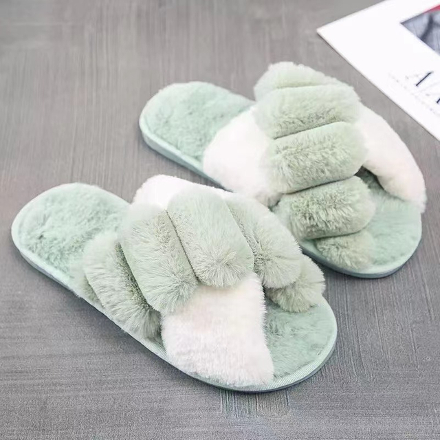 Winter Home Slippers Shoes Ladies Cross Soft Plush Furry Female Open Toe Slides Women Warm Slippers