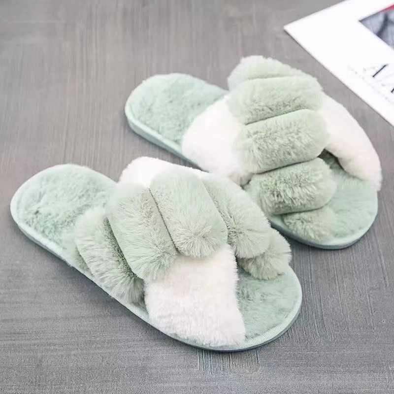 Winter Home Slippers Shoes Ladies Cross Soft Plush Furry Female Open Toe Slides Women Warm Slippers