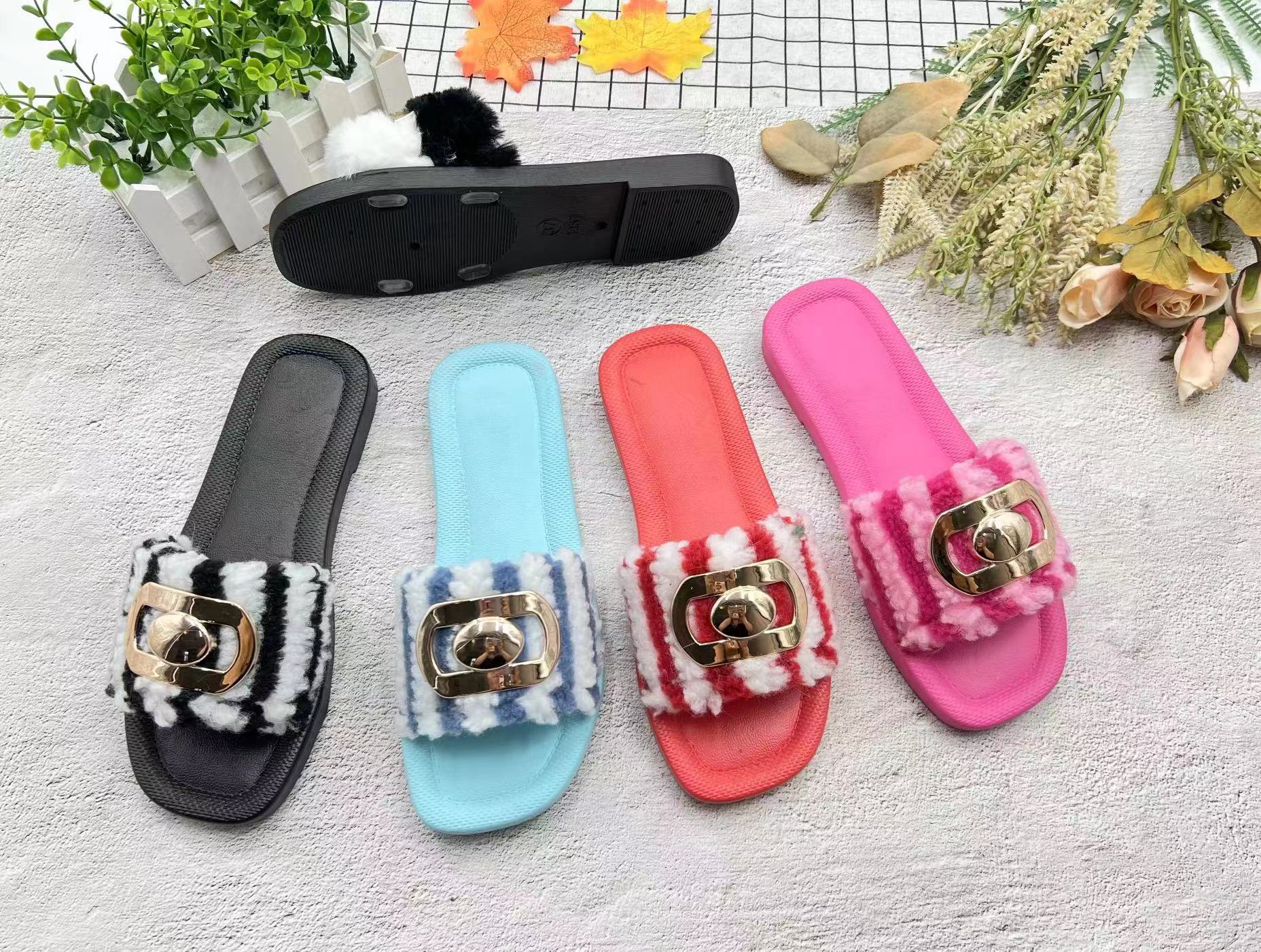 Flat Casual Rabbit Hair Autumn Pvc Sandals Footwear Women Shoes Sandals