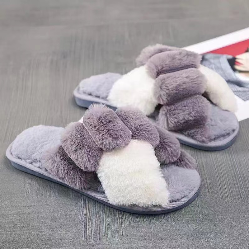 Winter Home Slippers Shoes Ladies Cross Soft Plush Furry Female Open Toe Slides Women Warm Slippers