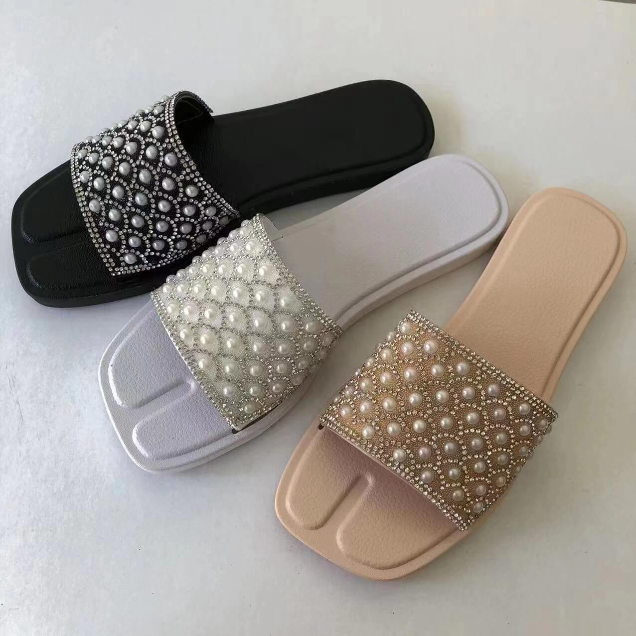 Women Slipper Sandal PVC Summer Slides Beach Water Anti Slip Slippers with Pearls Diamonds Reversible sequins beaded 
